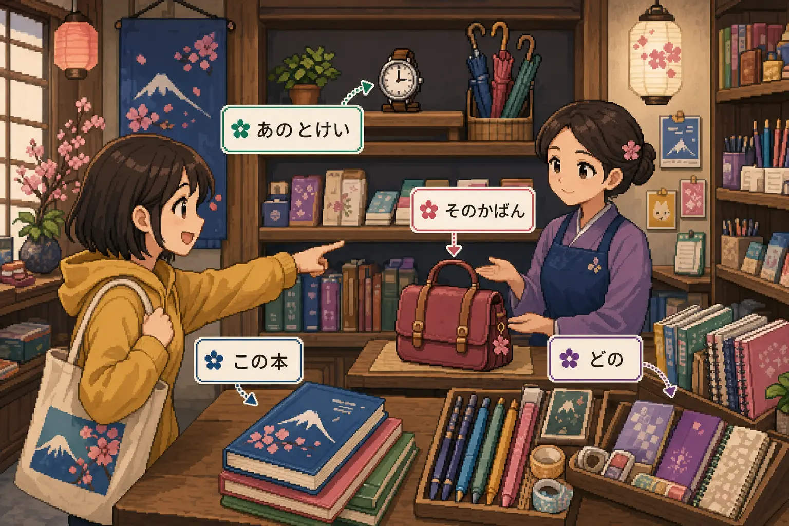 Pixel-art illustration of shopping and choosing items