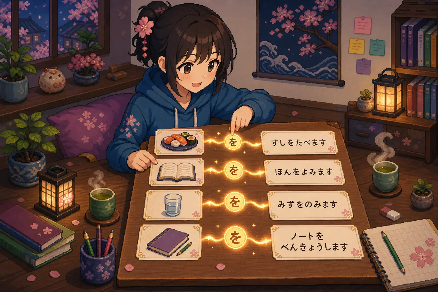 Pixel-art illustration of Japanese dining context with food verbs