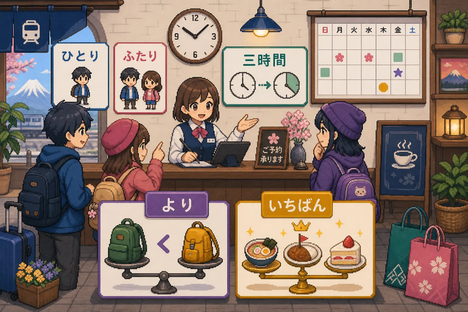 Pixel-art illustration of counters for people and time