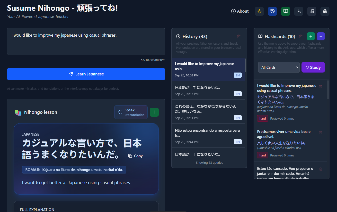 Susume Nihongo AI Teacher interface showing Japanese translation with grammar breakdown